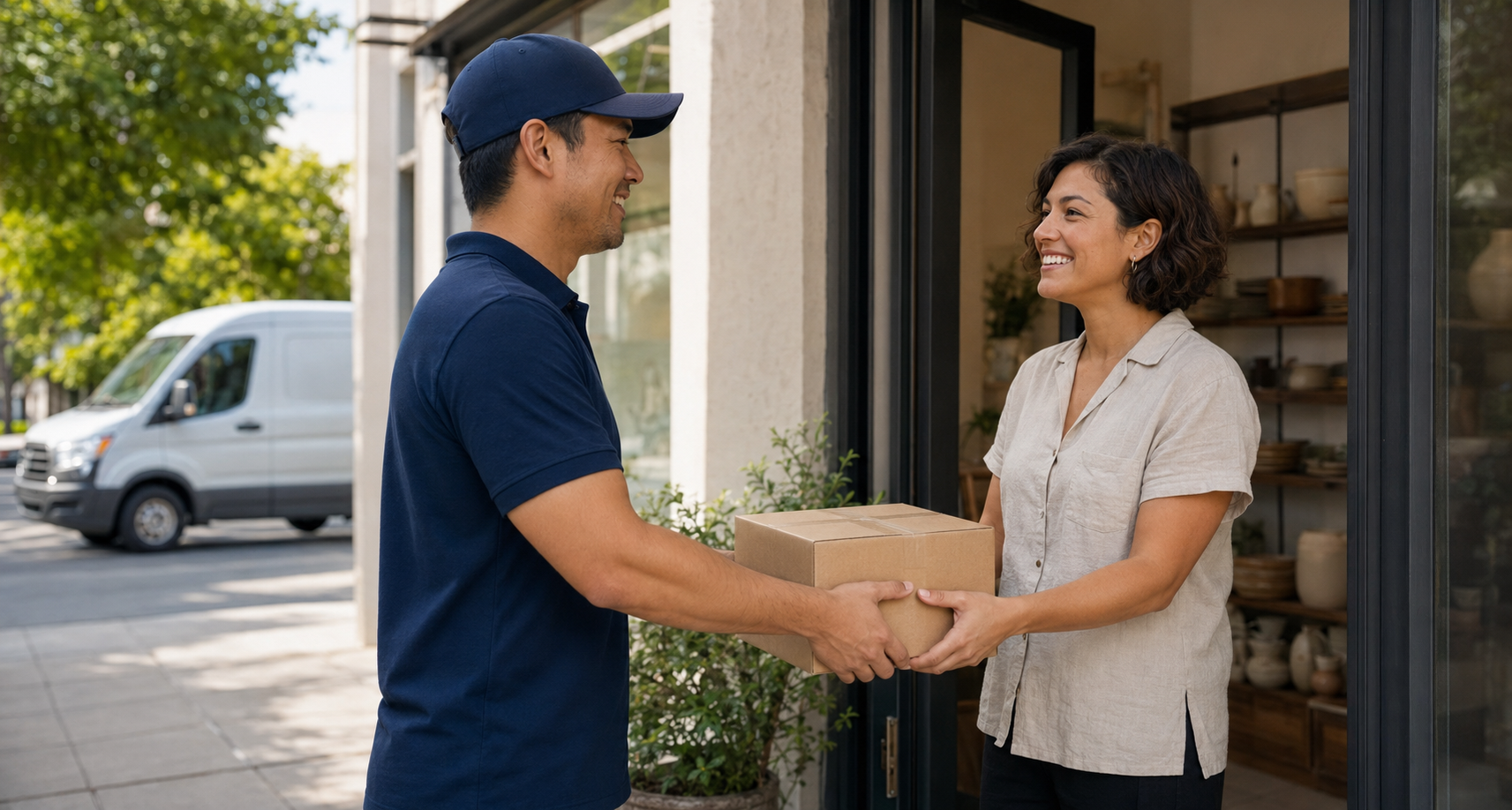 TagsDrivers courier handing a package to a local business owner